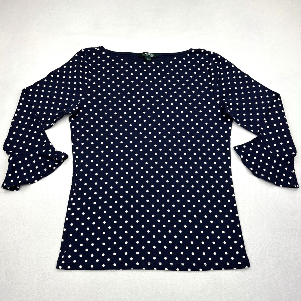 Lauren Ralph Lauren Top Womens Large Navy Blue White Polka Dot Ruffle Sleeve L